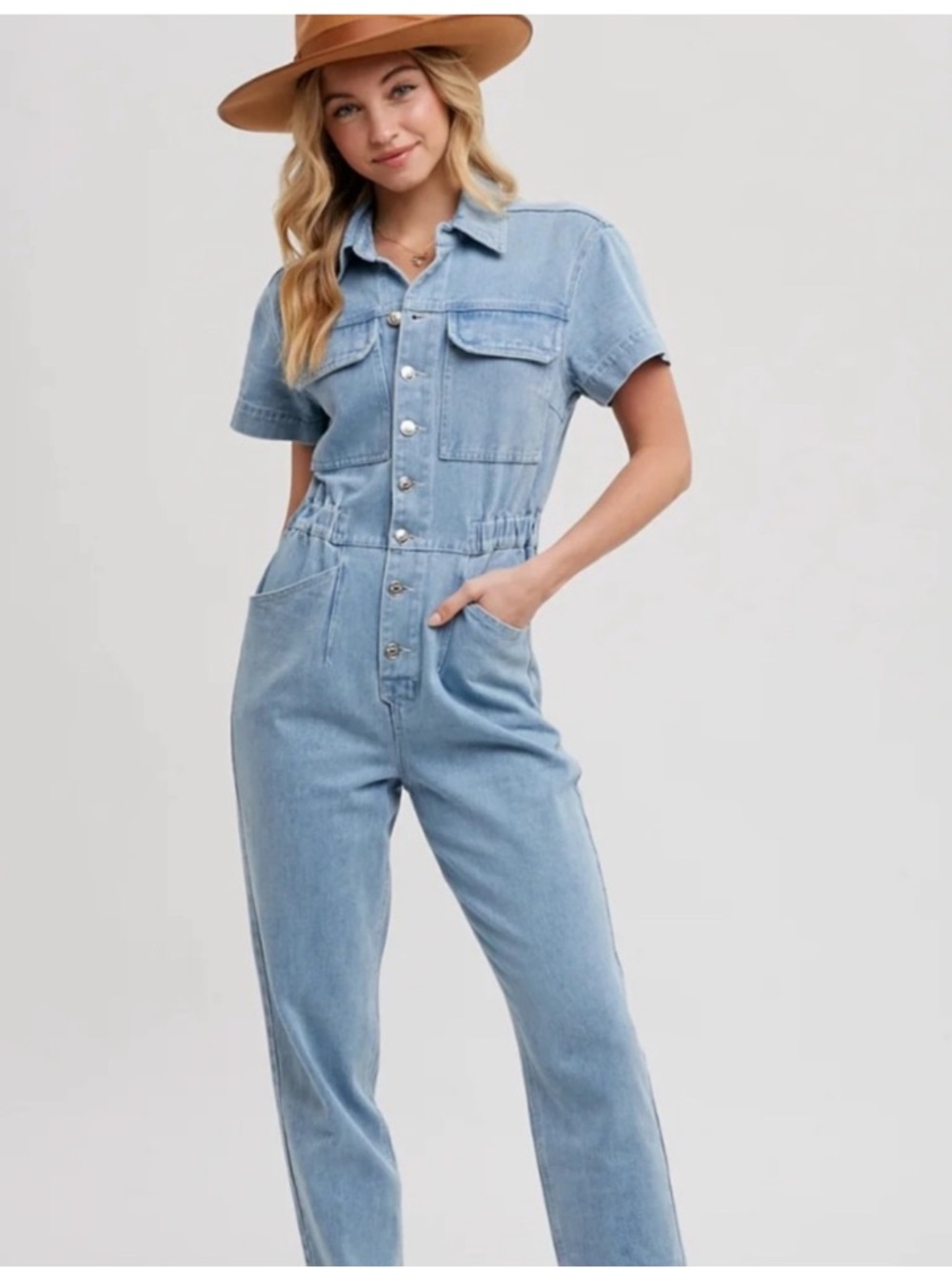 a.n.a Light Blue Short-Sleeve Denim Overalls Jumpsuit